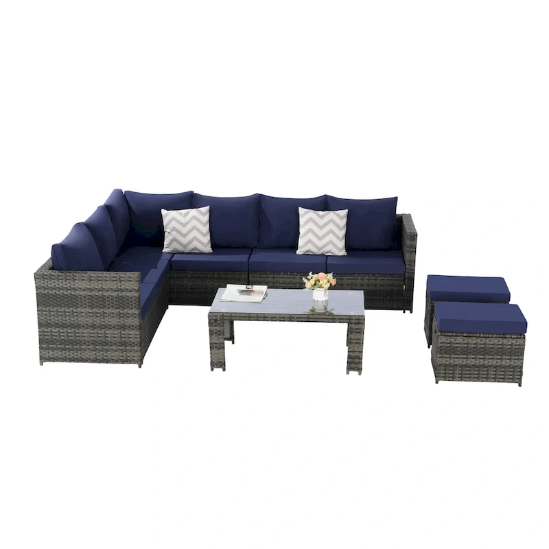 6-Piece Rattan Sectional Sofa Set with Glass Table