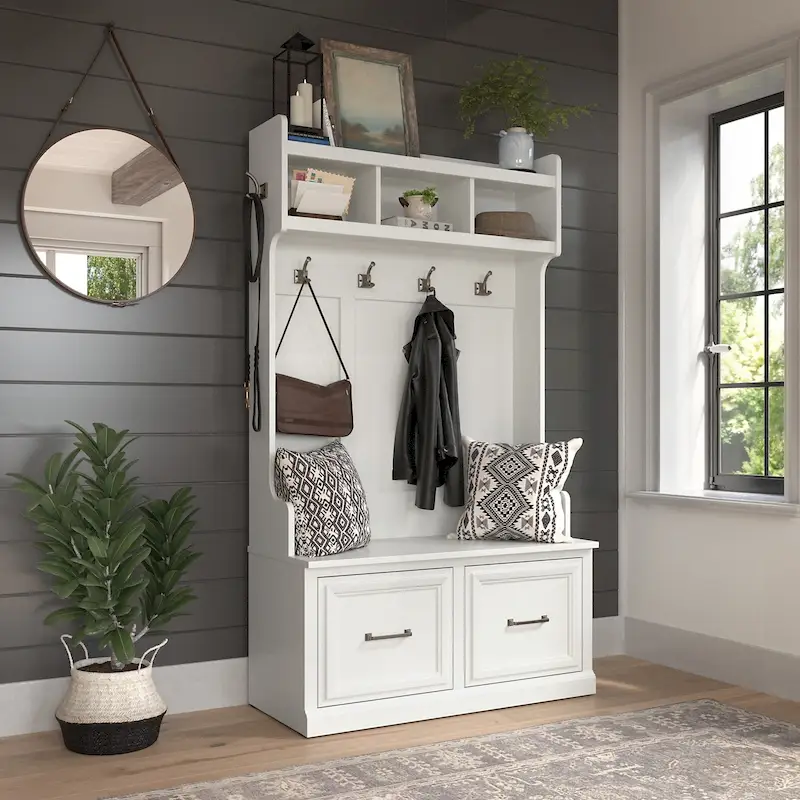 Woodland 40W Hall Tree and Shoe Bench with Doors by Bush Furniture