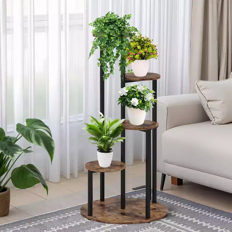 4-Tier Rotating Corner Plant Stand, Industrial Staggered Flower Display Rack for Indoor
