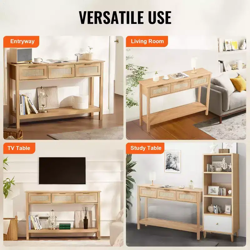 Rattan Console Table with 3 Drawers and Bottom Shelf Narrow Entryway Sofa Table 51.38 in Beige