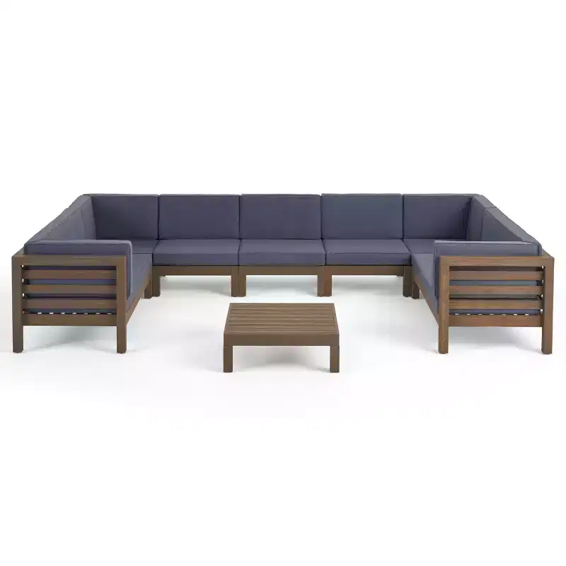 GDFStudio Cascada Outdoor Acacia Wood 9 Seater Sectional Sofa Chat Set with Cushions