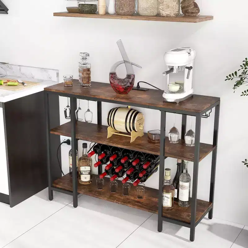 Wine Cabinet Bar Table with Glass Holders, Bottle Racks and Power Outlets Brown/Grey