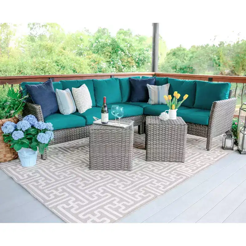 Leisure Made Canton 6pc Wicker Sectional in Peacock Fabric