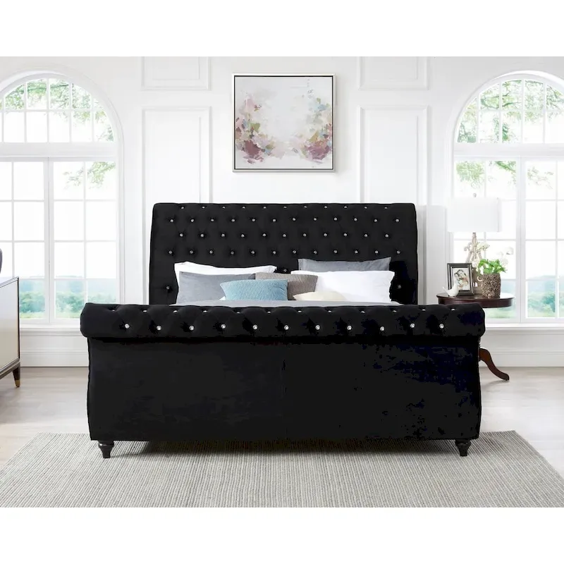 Black Velvet Crystal Button-tufted Sleigh Bed