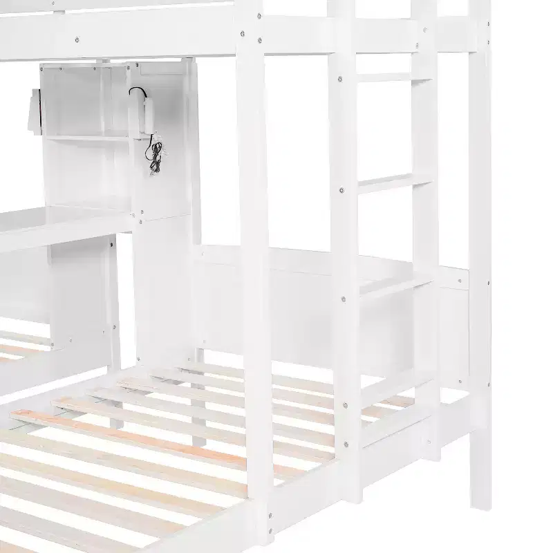 Luxystar Twin over Twin and Twin Bunk Bed with Built-in Desk, Bookcase and Lights