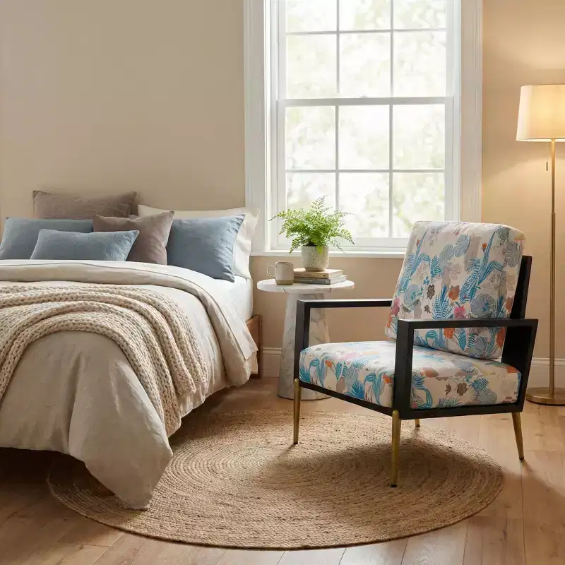 Floral Upholstered Accent Chair with Metal Legs, Modern Printed Lounge Armchair for Living Room, Bedroom or Reading Corner