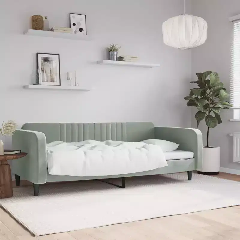 Day Bed Light Grey Velvet, Metal, Plywood, Solid Wood Twin