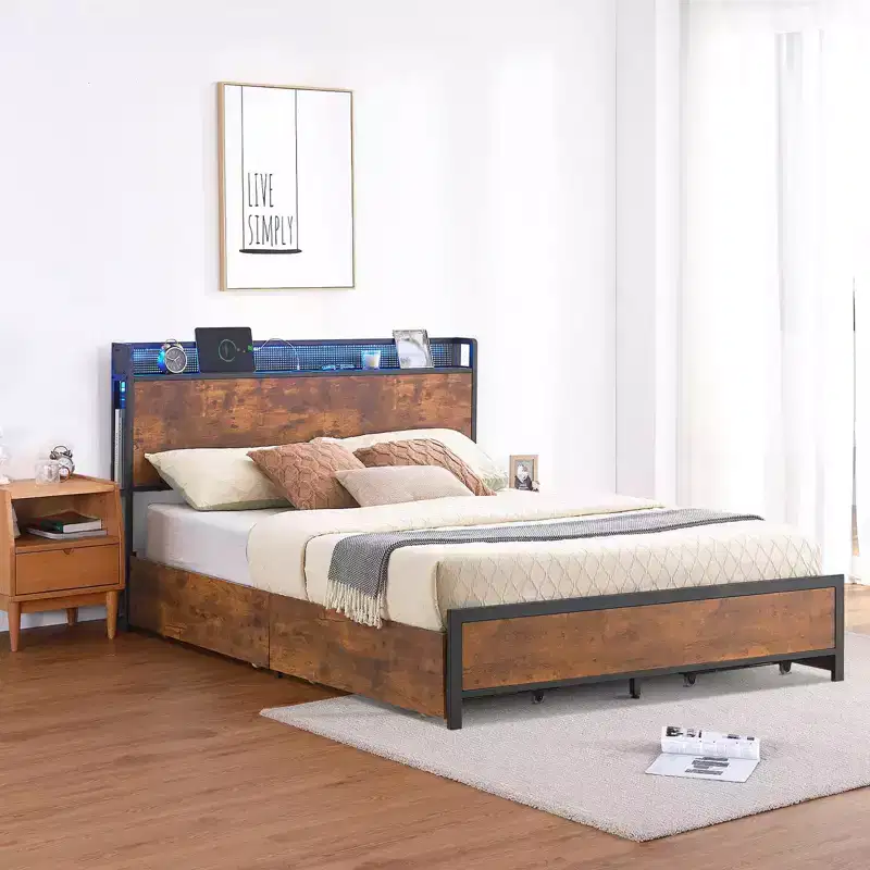 Bed Frame, 4 Drawers and Storage Headboard, Metal Platform Bed, Easy Assembly, No Box Spring Needed