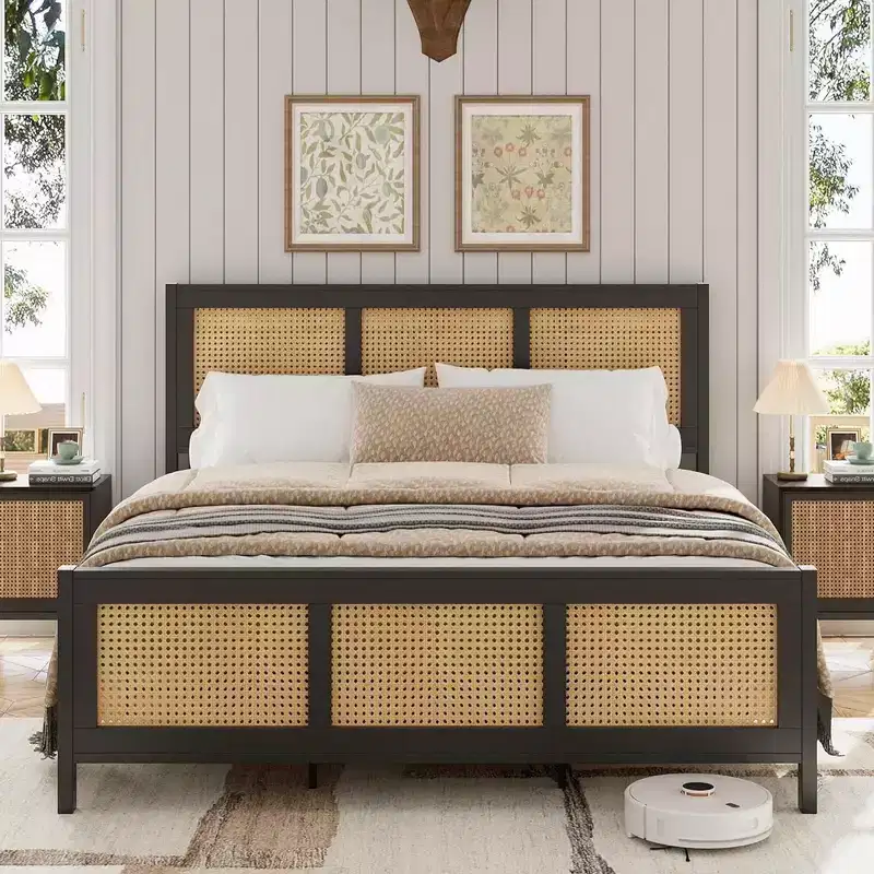 Coolmee King Size Rattan Bed Frame with Headboard, Boho Cane Platform Bed Frame with Strong Metal Slat, Noise Free, No Box Spring Needed