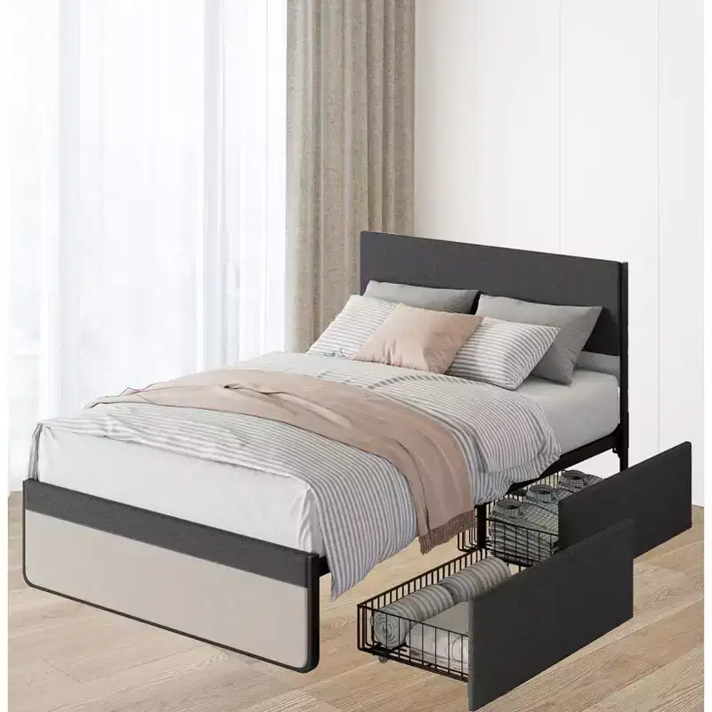 Upholstered Bed Frame with Storage Drawers, Platform Bed with Headboard and Under-Bed Clearance