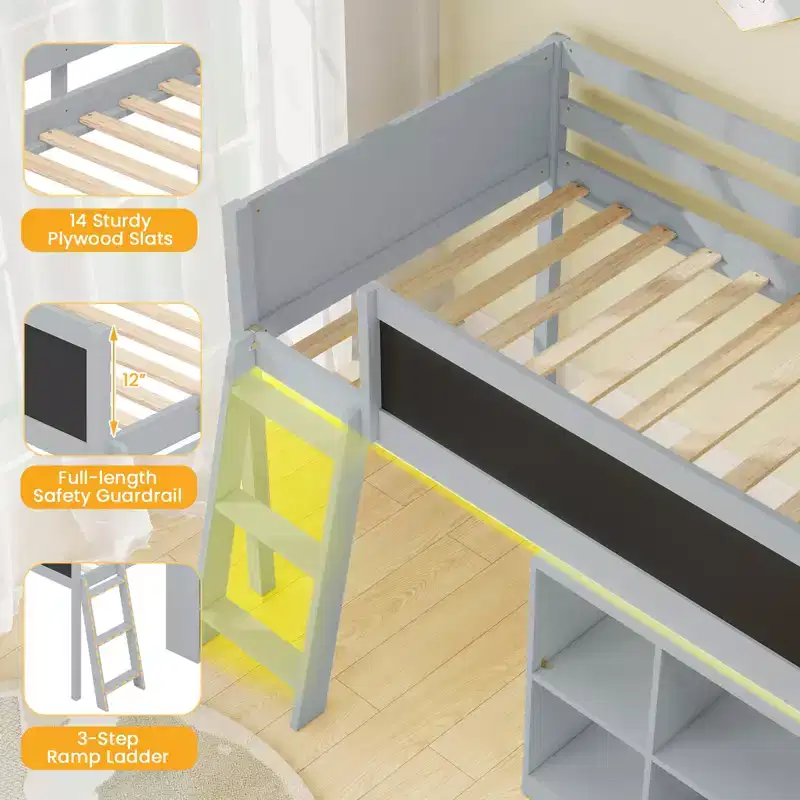 Costway Kids Loft Bed w/LED Lights Chalkboard & Removable Bookcase Safety Guardrail
