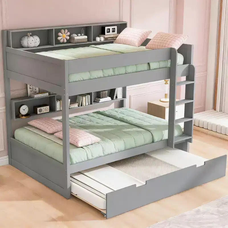 Luxystar Modern Full over Full Bunk Bed with Shelves and Trundle