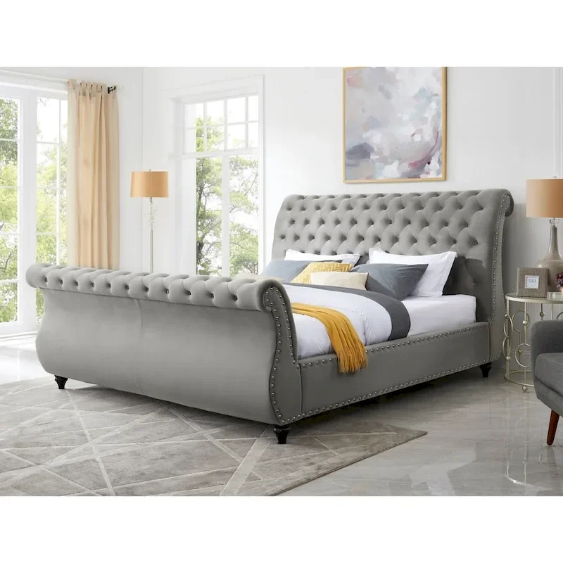 Grey Velvet Button-tufted Sleigh Bed