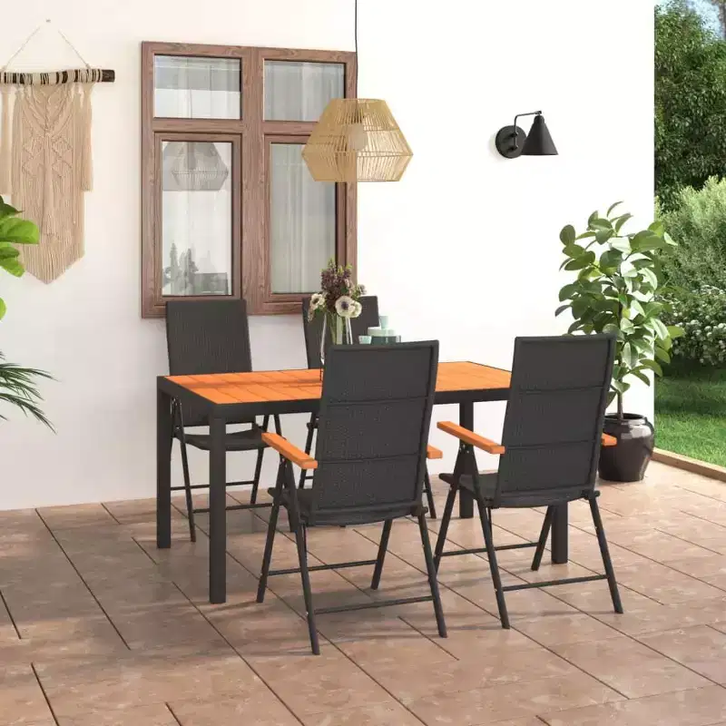 vidaXL Dining Set Black and Brown PE Rattan, WPC, Aluminium 5 Piece Set