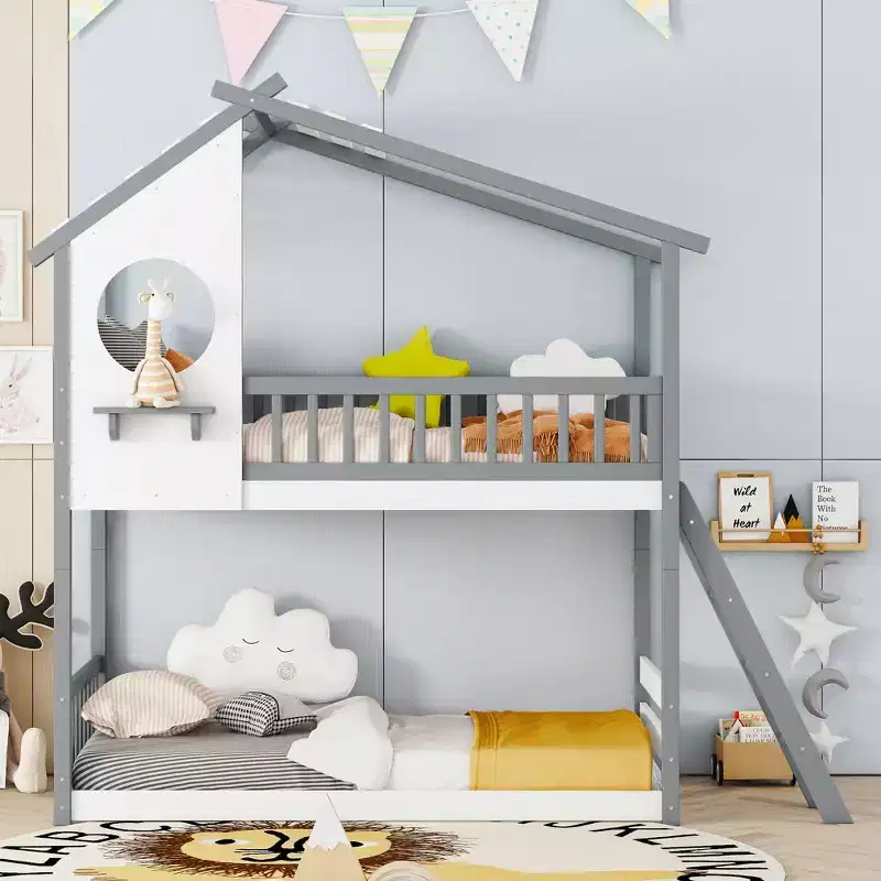 Twin Over Twin Bunk Bed with Roof, Window and Ladder - ModernLuxe
