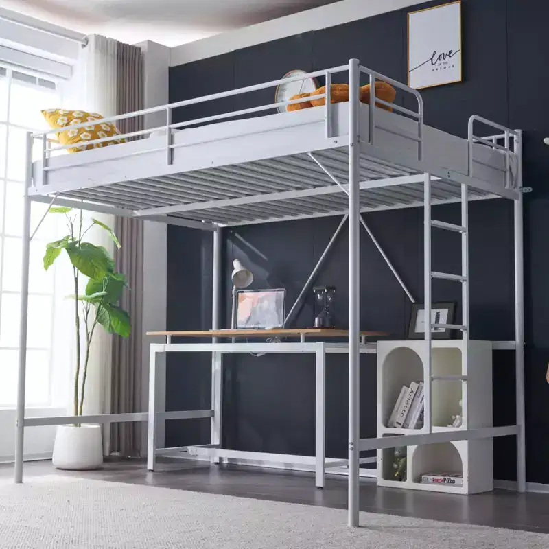 Full Metal Loft Bed for Kids with Stairs/Flat Ladder, No Box Spring Required, White