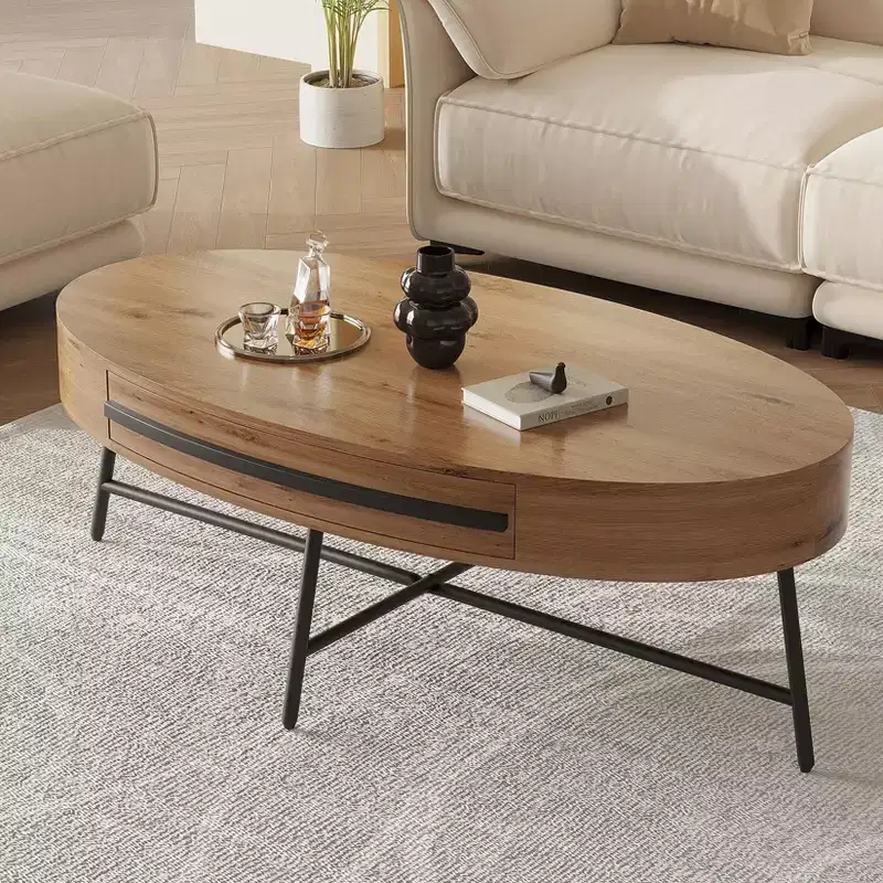 Coffee Table Mid-Century Modern Oval - 47.2 Wooden Storage Table with Drawer, Unique Curved Design & Cross Metal Legs for Living Room