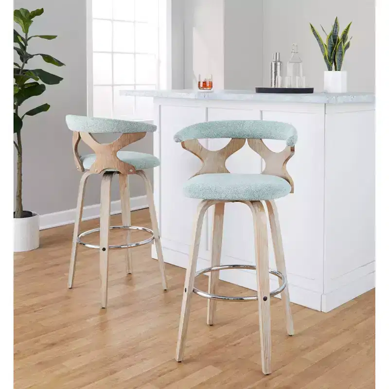 Set of 2 Fixed Height Padded Swivel Barstools, White Wash/Seafoam Green