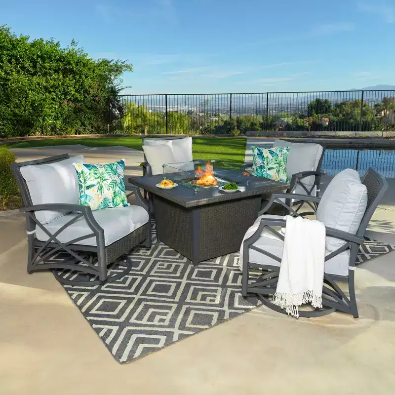Kinger Home Ethan 5-Piece Rattan Wicker Propane Fire Pit Set with an Aluminum Frame