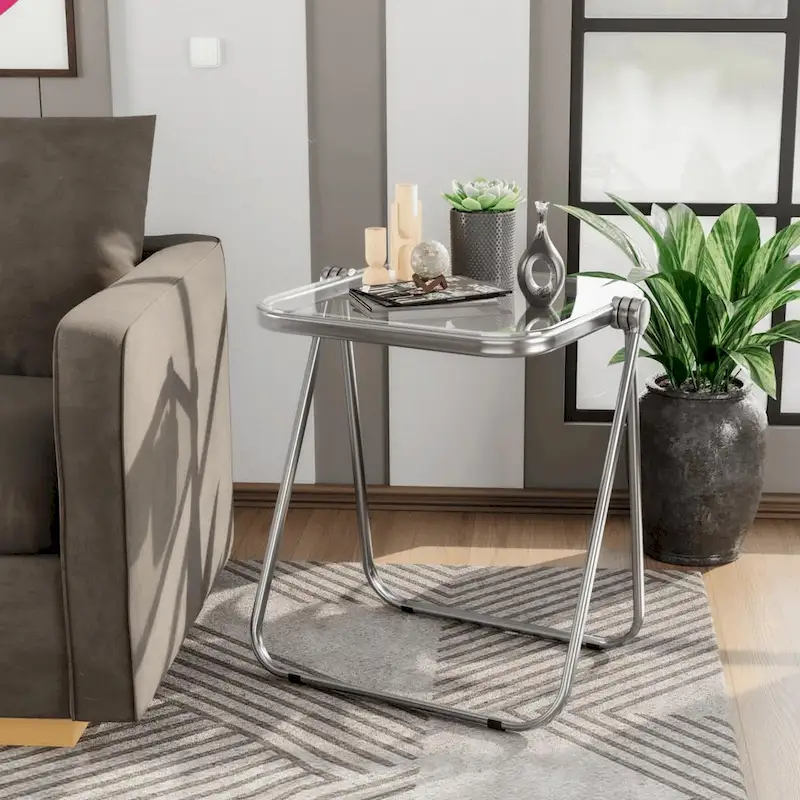 Square Plastic Folding End Table with X-Shaped Iron Frame - Chrome Finish