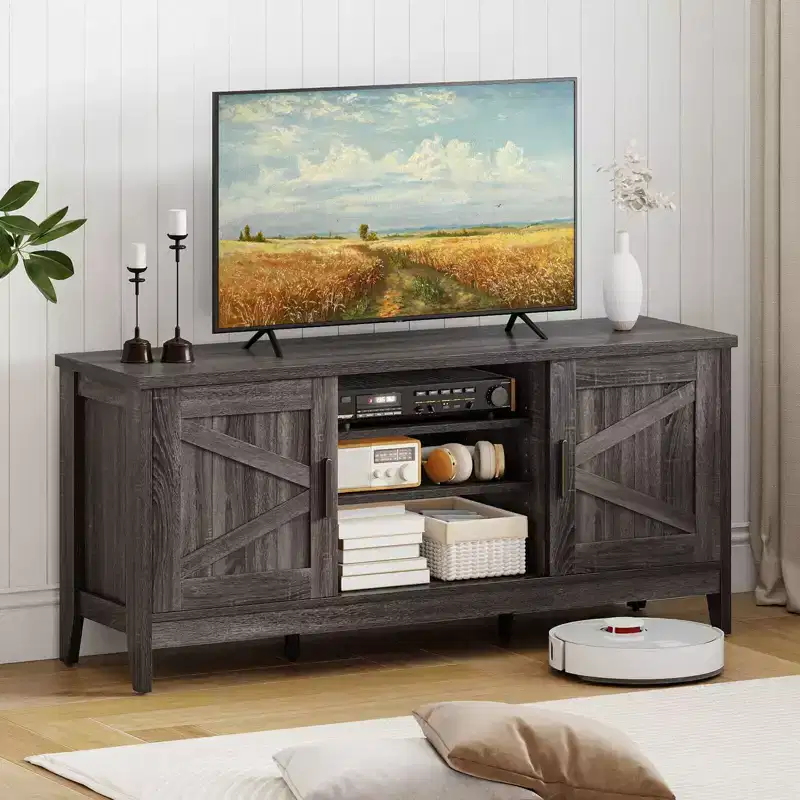 Costway Farmhouse TV Stand for TVs up to 65 Entertainment Center with 2 Storage Cabinets Gray