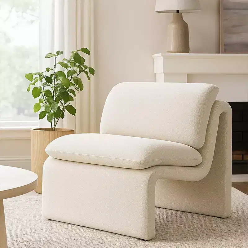 Accent Chair, Curved Open Base, Armless Modern Ivory Boucle