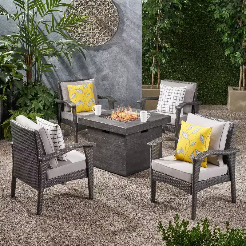 Keana 5pc Faux Rattan Club Chair & Fire Pit Chat Set - Gray/Light Gray - Christopher Knight Home