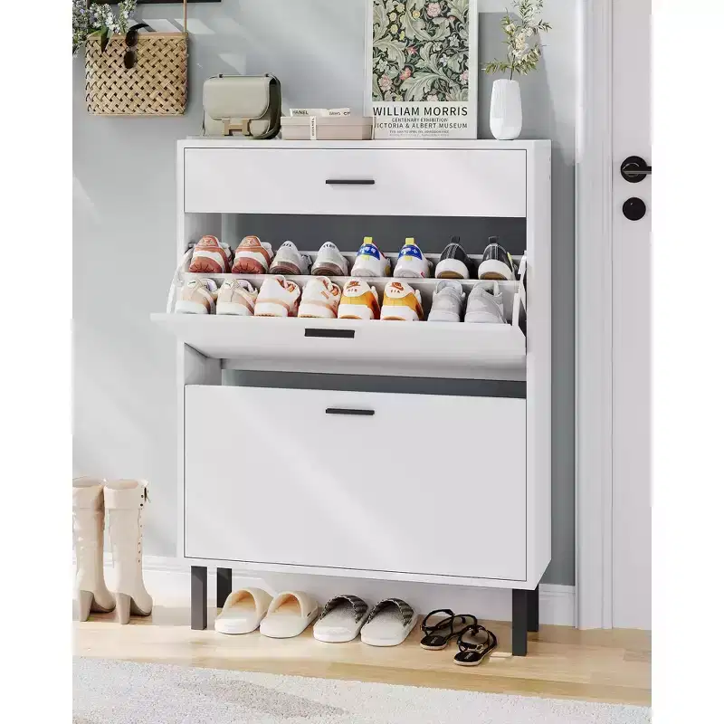 Shoe Storage Cabinet with Dual Flip Drawers, Space-Saving Shoe Organizer for Entryway, Hallway, or Mudroom, Hidden Shoe Rack Cupboard