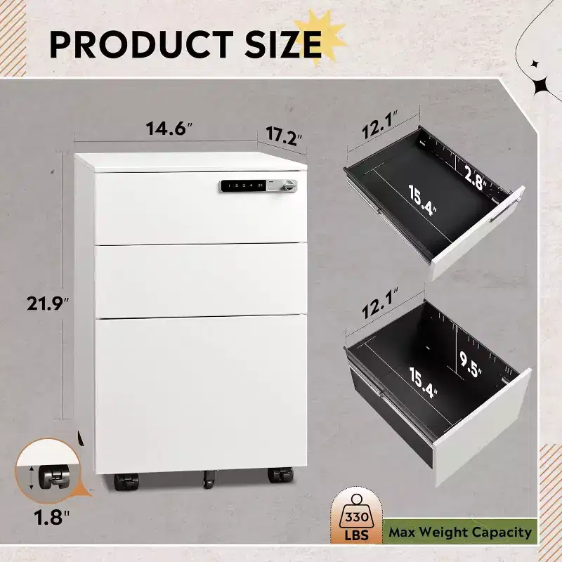 3-Drawer Cabinet with Smart Lock, Pre-Assembled Steel Desk