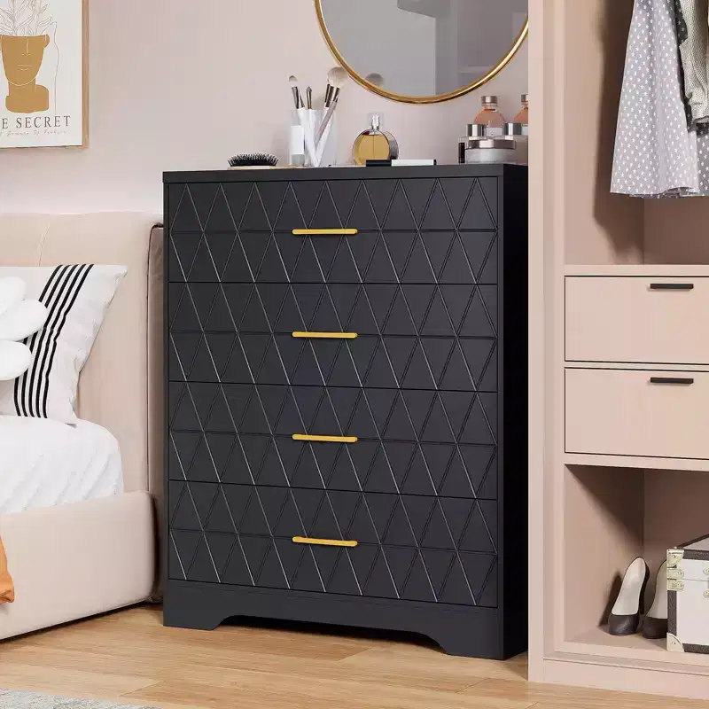 4 Drawer Dresser, Drawer Chest, Tall Storage Chest Cabinet Organizer Unit with Gold Handles, Small Dresser for Bedroom, Living Room, Closet