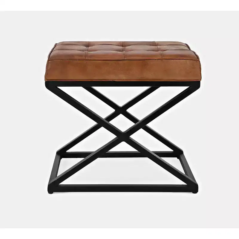 Distressed Genuine Leather Ottoman - Saddle