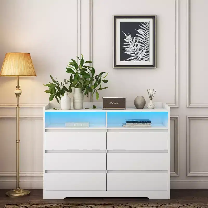 GDFStudio Barnard Modern 51.2 Rectangle Sideboard with 6 Drawers and Adjustable Lighting