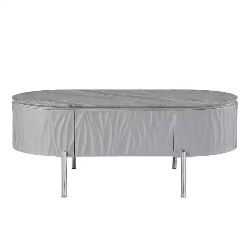 Coffee Table, Gray High Gloss, Chrome Metal, Gray Wood, 47 Inch