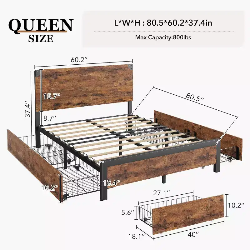 Queen Size Platform Bed Frame with Headboard and 4 Storage Drawers, Heavy-Duty Metal Supports, No Box Spring Required, No Noise, Easy to Assemble