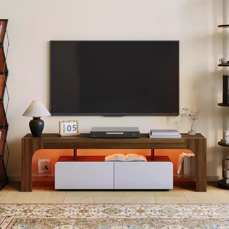 Acekool TV Stand, Media Console with Drawer & Glass Shelves, for TVs up to 70, Living Room
