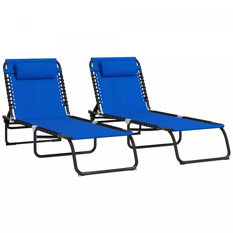 2 Pcs Folding Lounge Chairs, Chaise Lounges With Headrest Blue