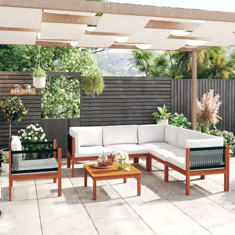 vidaXL 7 Piece Solid Acacia Wood Patio Lounge Set with Cream Cushions - Rustic Weather-Resistant Garden Furniture Set with Table, Sofas, Armchair.