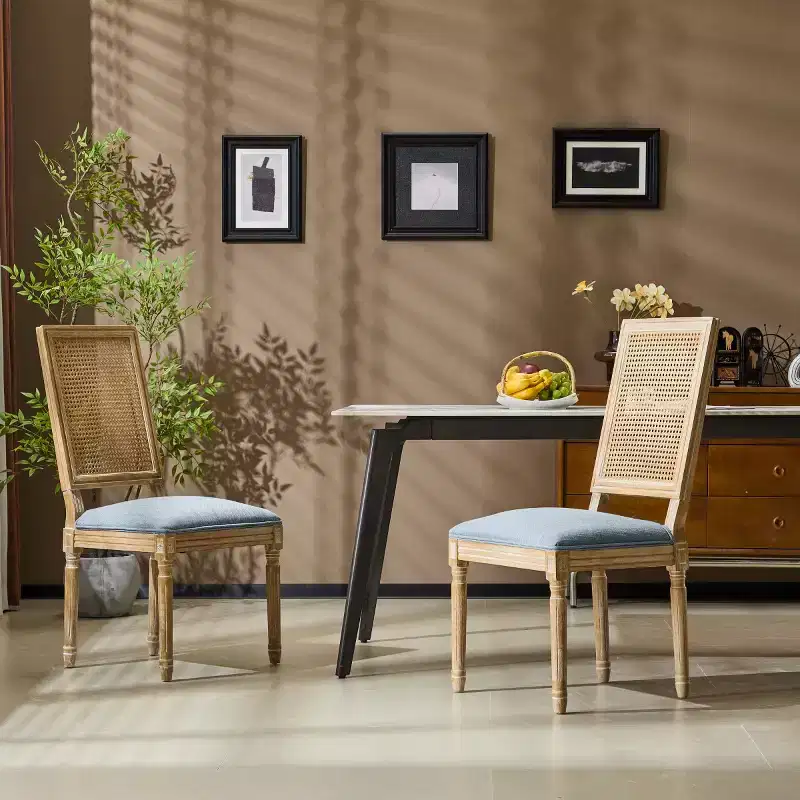 Set of 2 French Country Dining Chairs with Rattan Back and Upholstered Seats, Solid Wood Armless Chairs for Dining Room or Kitchen-Panipeachy