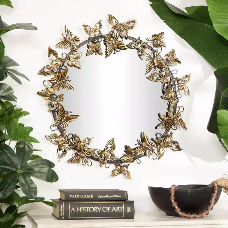 28x28 Metal Butterfly Round 3D Wall Mirror – Wall Mount, No Assembly Required