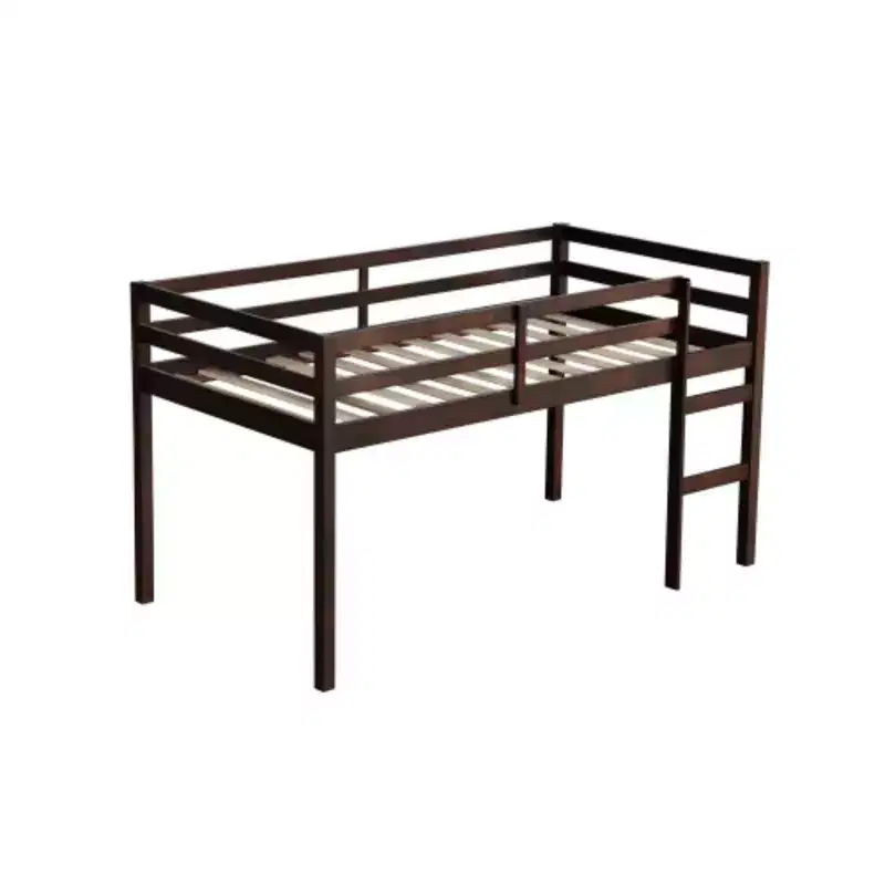 Twin High Loft Bed with Integrated Desk & Safety Guardrail, Solid Rubberwood, Grey
