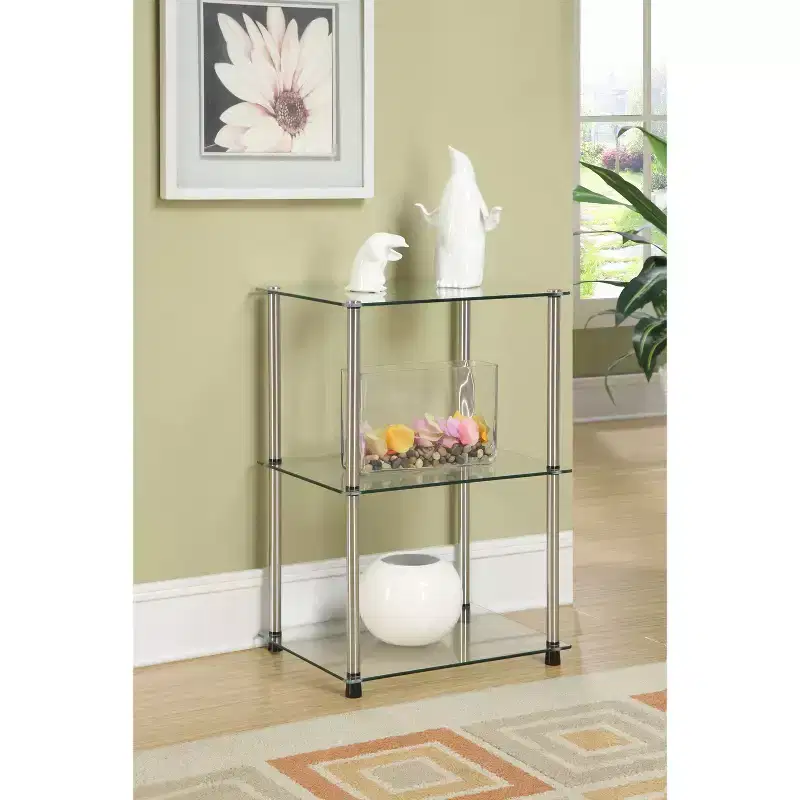 HomeStock Belmont Tall Glass 3 Tier End Table, Stylish Modern Accent Side Table with Multiple Glass Shelves for Any Living Space