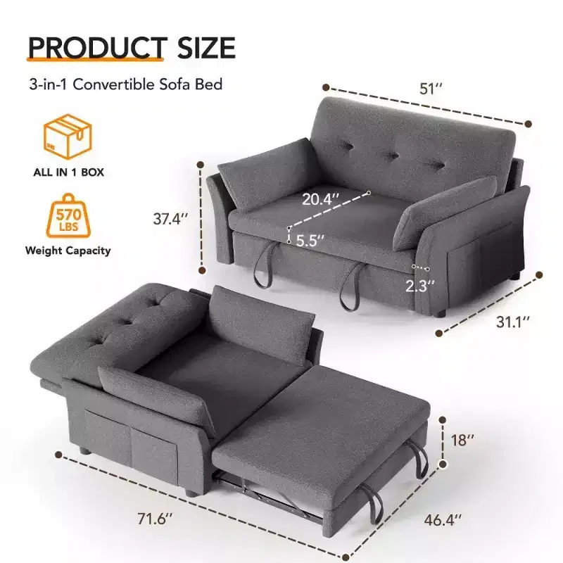 Dyonery 51 3-in-1 Sleeper Sofa Bed, Convertible Loveseat with Pull-Out Bed, Adjustable Backrest, Linen Couch