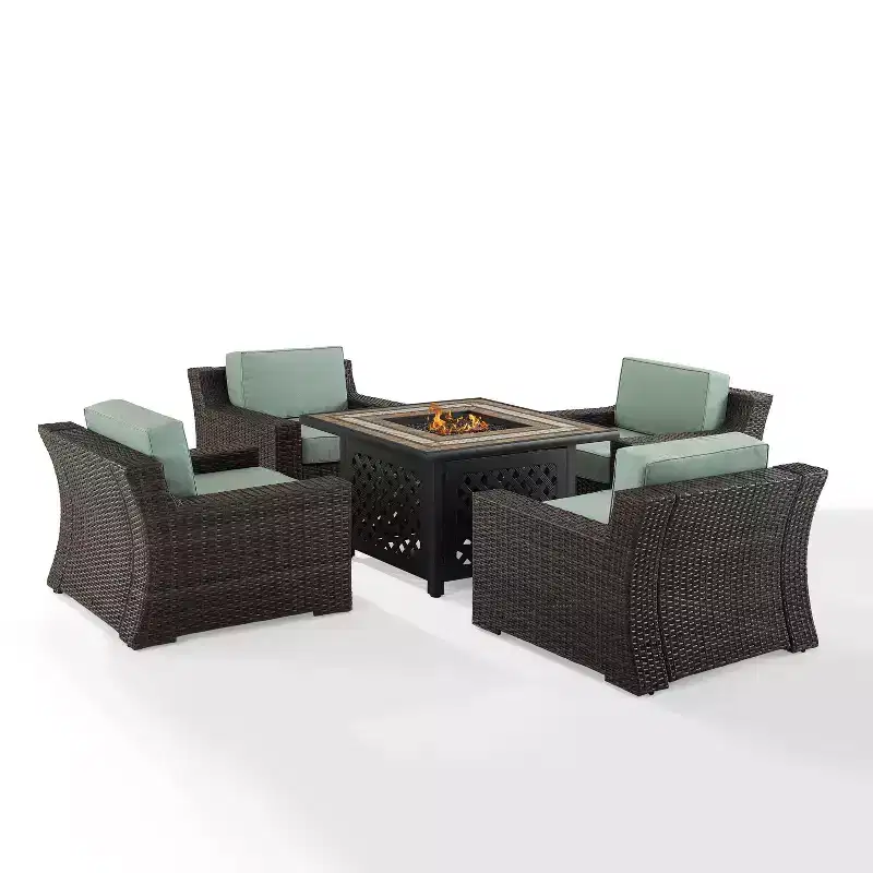 Beaufort 5 Pc Outdoor Wicker Chair Set 4 Chairs with Fire Table Mist/Brown - Crosley