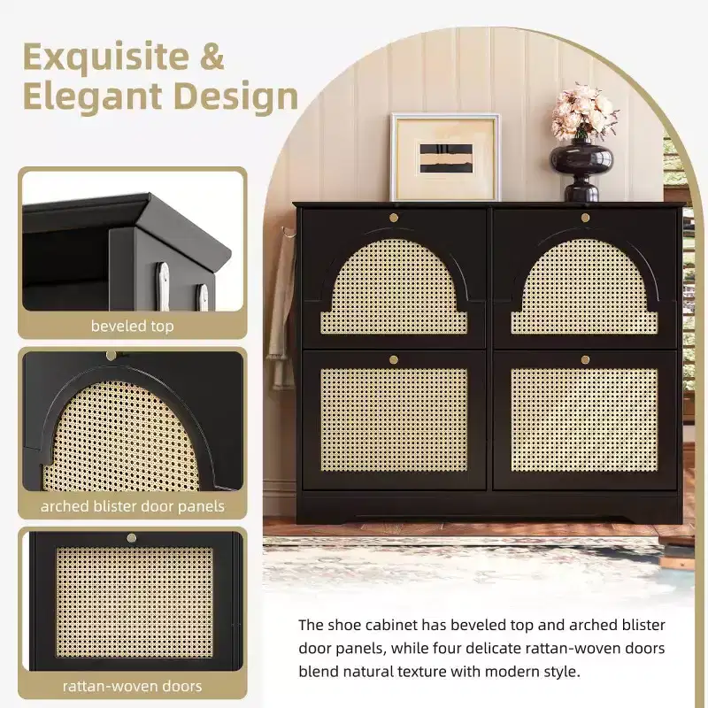 Mid-Century Entryway Shoe Cabinet with 4 Rattan Flip Drawers & Hooks