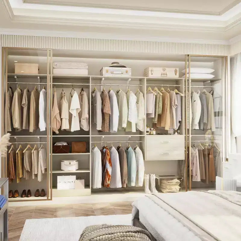 Besiost Freestanding Closet System with 8 Hannging Rods and Drawers, Hanging Closet Organizer with 10 Shelves
