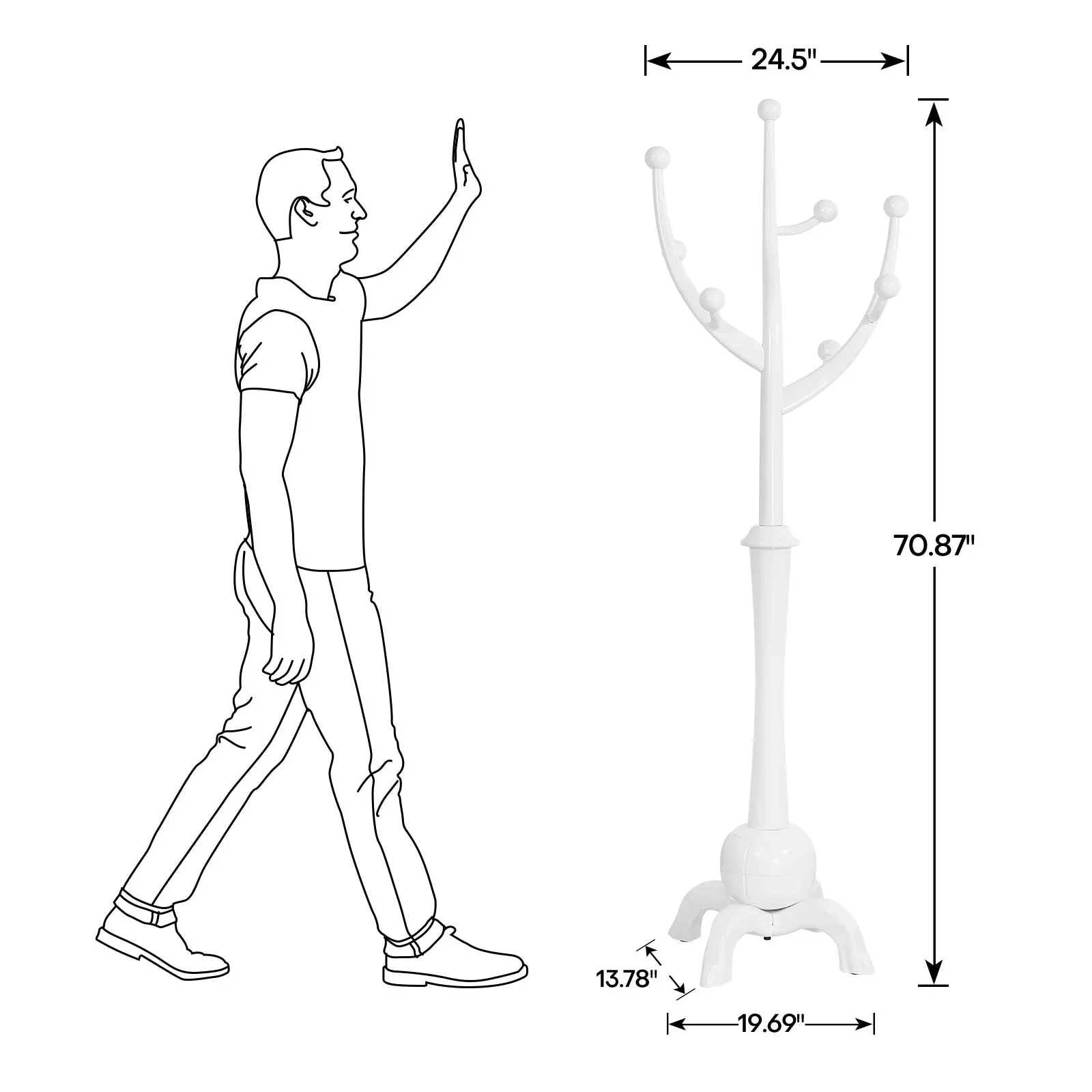 Tree-branch Rubberwood Freestanding Coat Rack with 8 Hooks - 24.5W x 70.87H