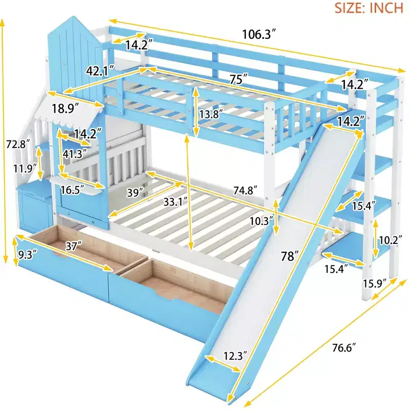 Twin Size Castle Bunk Bed with 2 Drawers, 3 Shelves & Slide – Kids Loft Bed