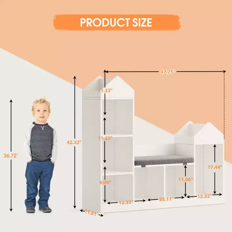 6-Grid Children's Bookshelf, Toy Storage Rack With Seat Cushion, Floor-Standing Large Toy Storage Rack for Children's Room, Living Room, Study, White