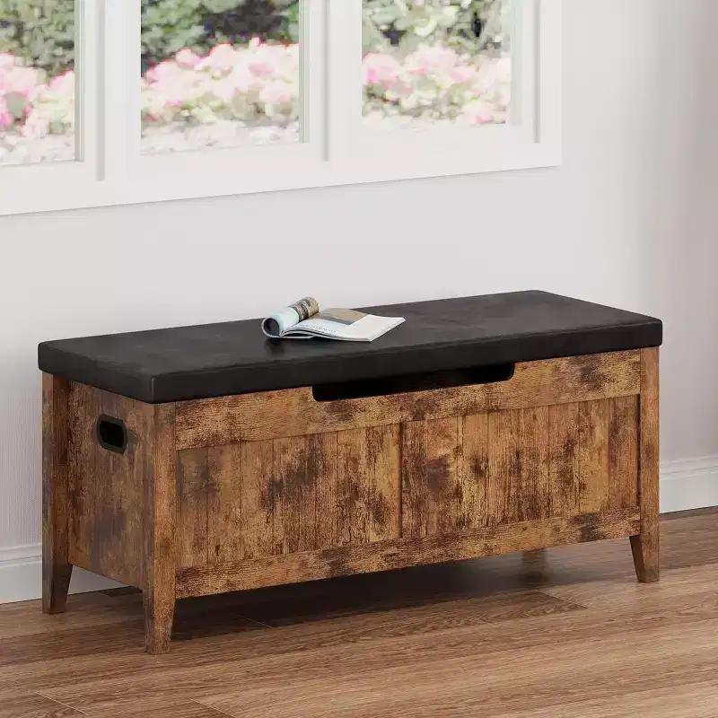 39 Storage Bench with Cushion Seat and Safety Hinges Entryway & Bedroom Shoe Organizer