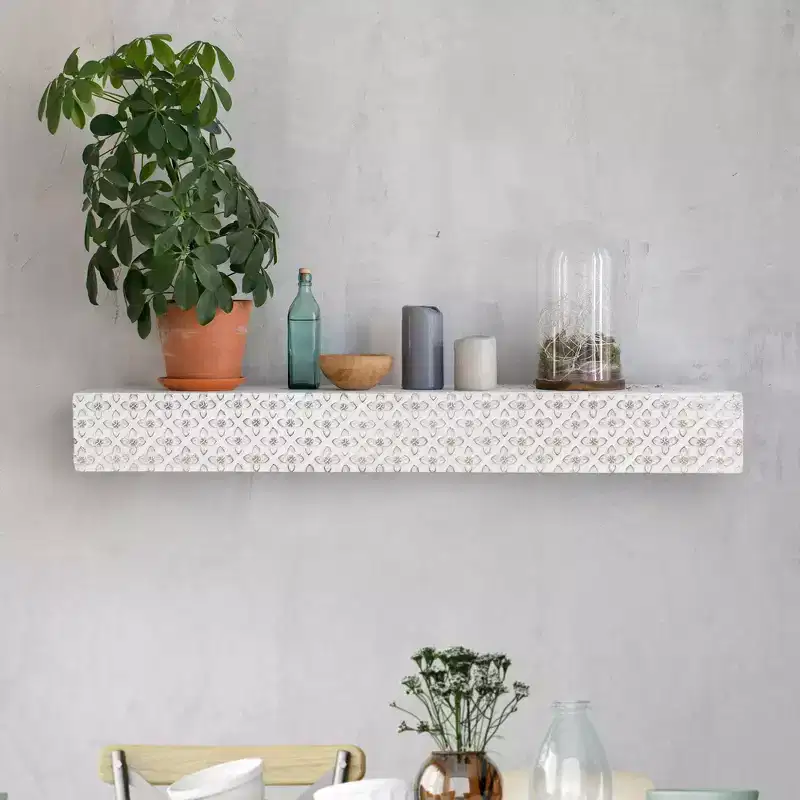 Small Embossed Wood Floating Decorative Wall Shelf White - American Art Decor: Modern Style, No Assembly, MDF & Wood Material